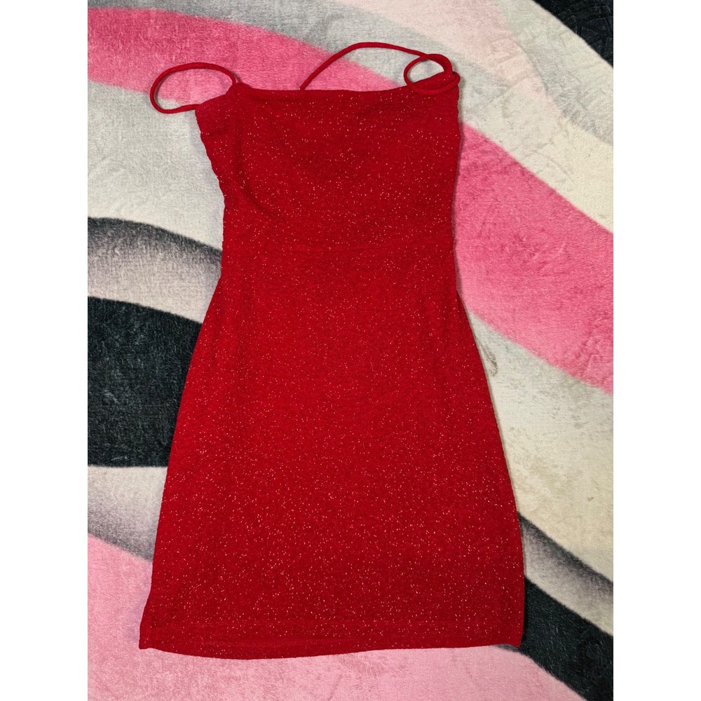 Red Glitter Lace Up Back Bodycon Mini Dress Square Neck Sparkly Party Size M